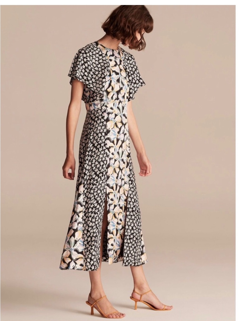 Rebecca Taylor Black Floral & Cream Panel Midi Dress Size 10